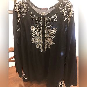 EUC Johnny Was Navy Blue Embroidered Tunic Top Size L